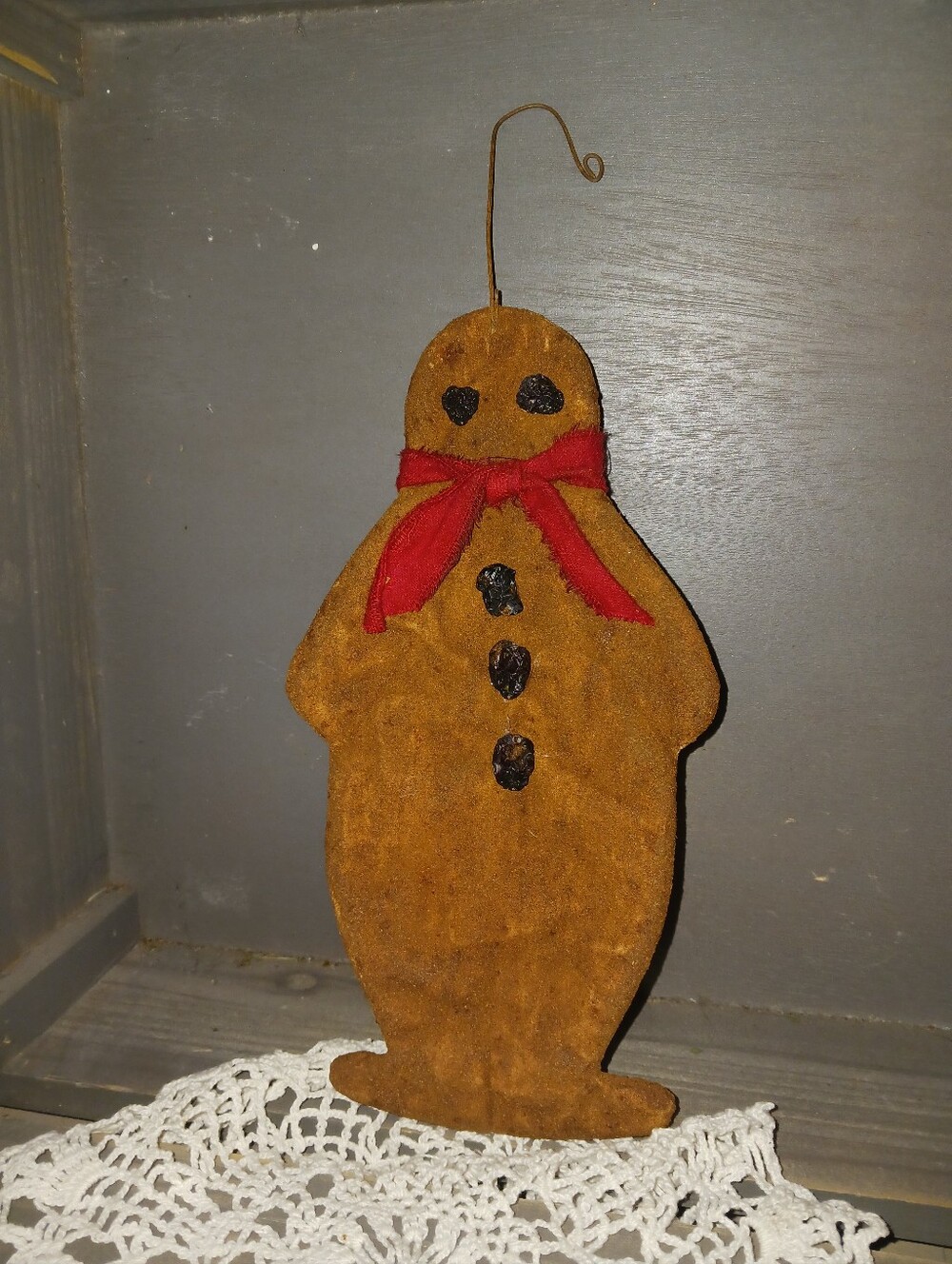 Handcrafted Primitive Gingerbread Ornament in Brown with Red Scarf